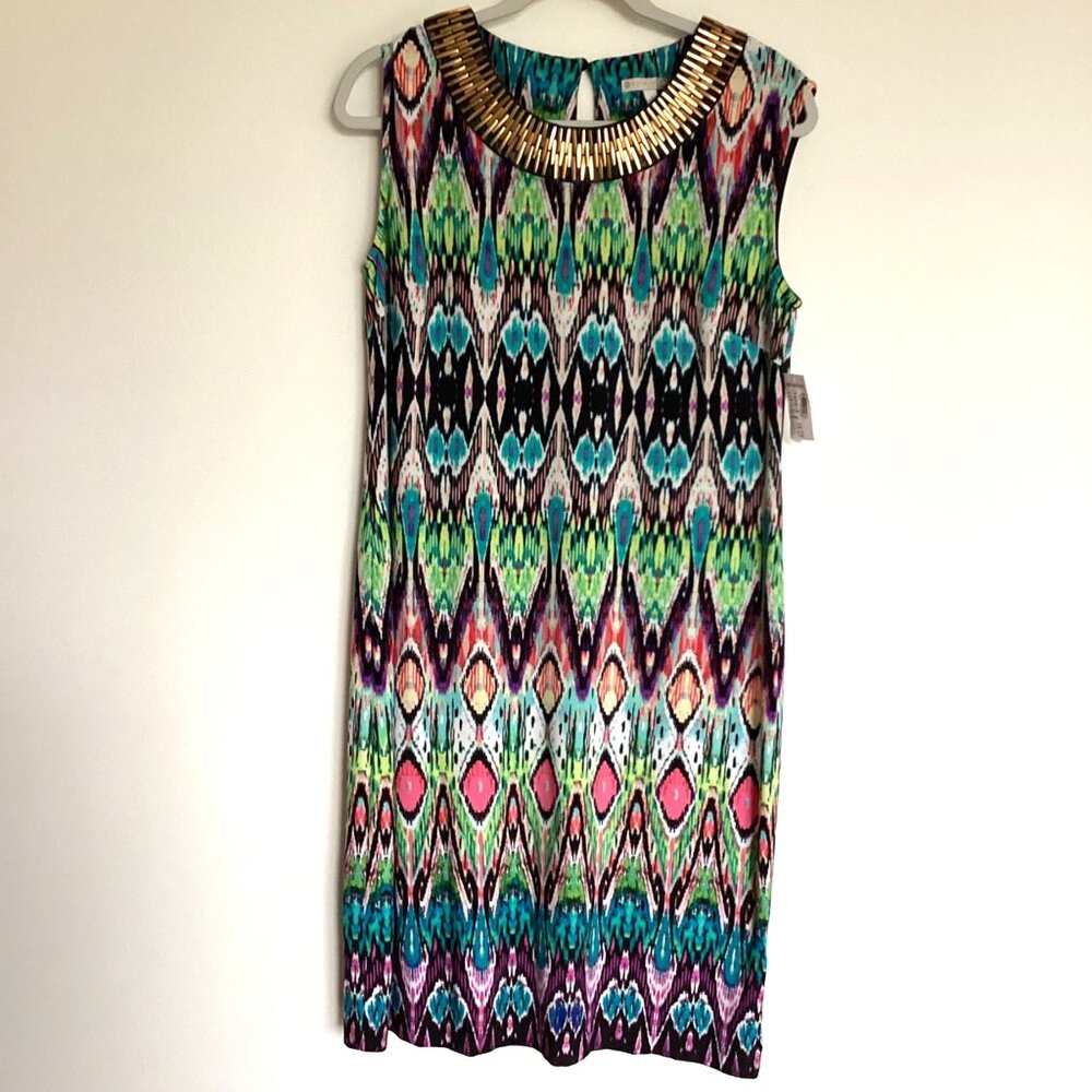 NWT Dressbarn Signature Camryn Colorful Shift Dress Metal Beading Size 12